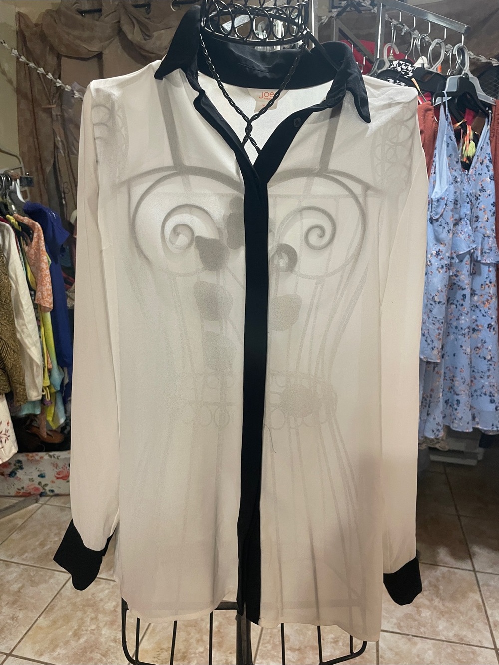 Joe Fresh White Sheer Blouse with Black Collar and Trim
